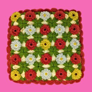 Vintage 1960's Decorative, Crochet Floral Cushion